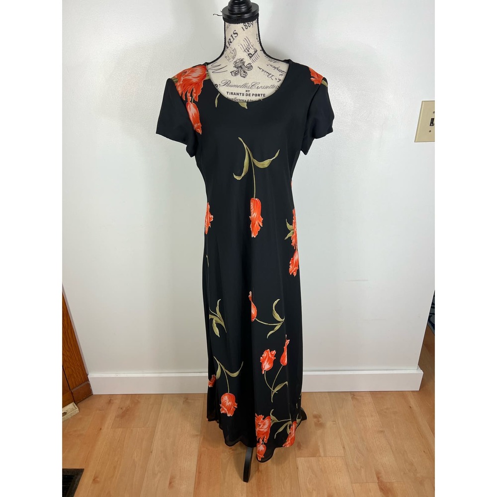 Vintage Jessica Howard black red rose floor length short sleeve dress